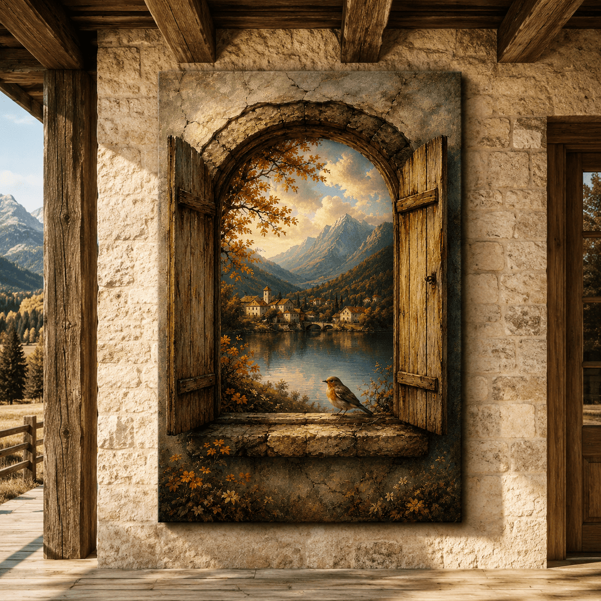 The Open Door – Robin and Mountain Lake Village Canvas Wall Art - ART OF ROYALS
