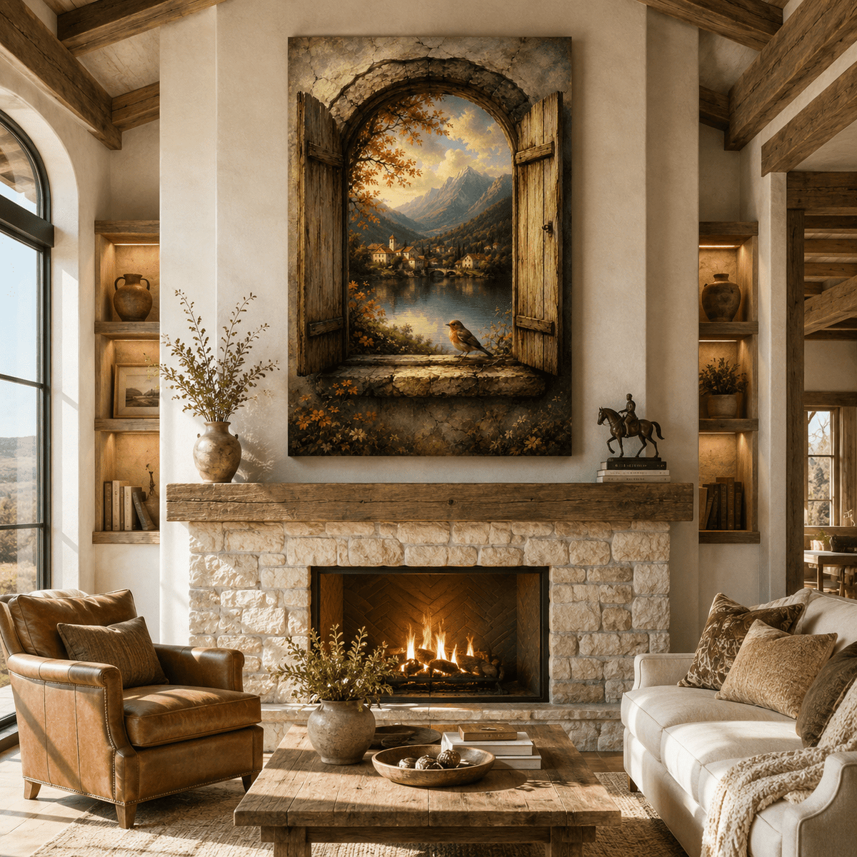 The Open Door – Robin and Mountain Lake Village Canvas Wall Art - ART OF ROYALS