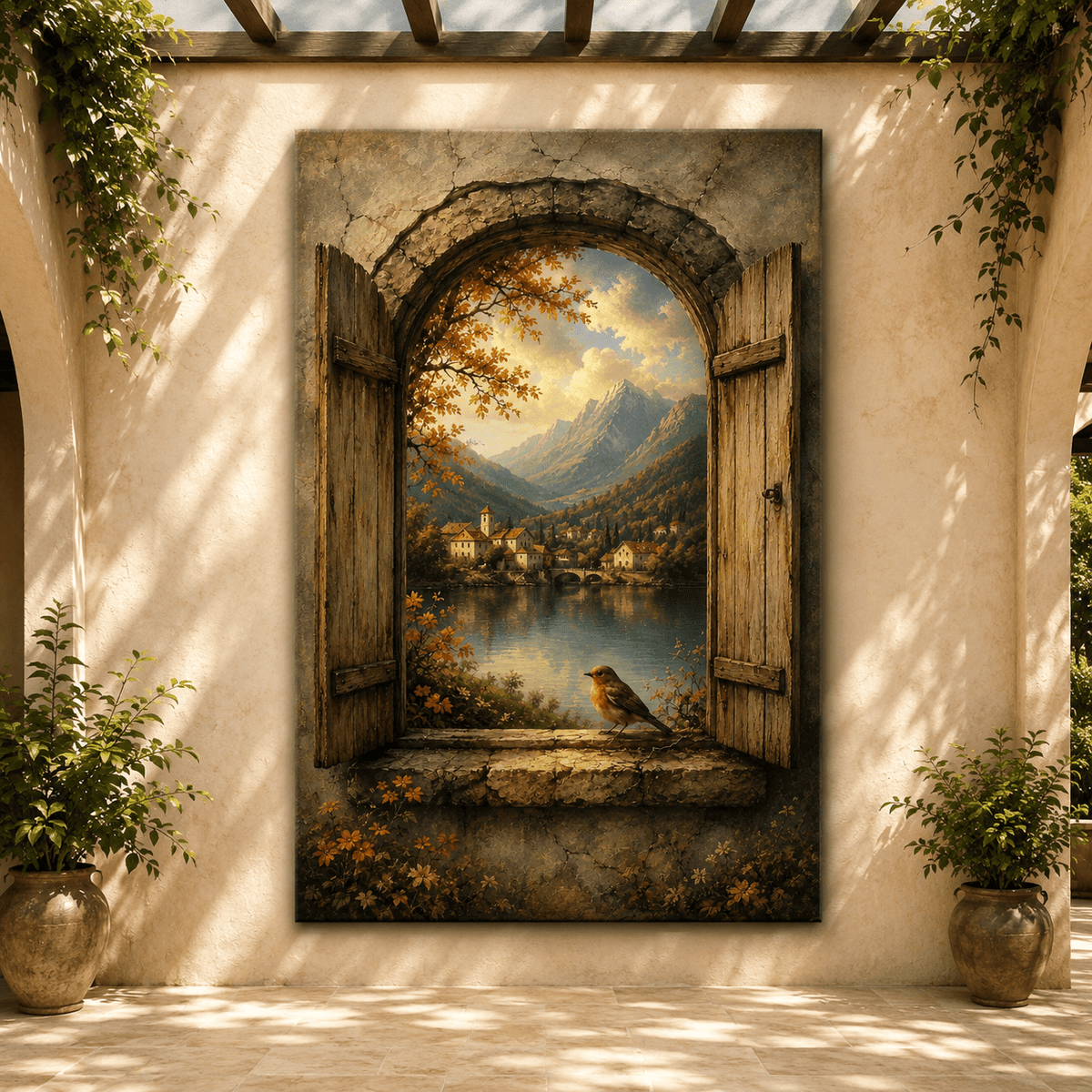 The Open Door – Robin and Mountain Lake Village Canvas Wall Art - ART OF ROYALS