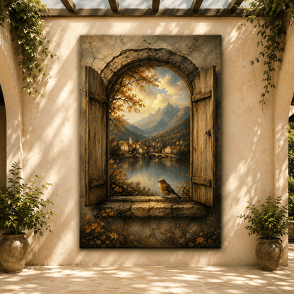 The Open Door – Robin and Mountain Lake Village Canvas Wall Art - ART OF ROYALS