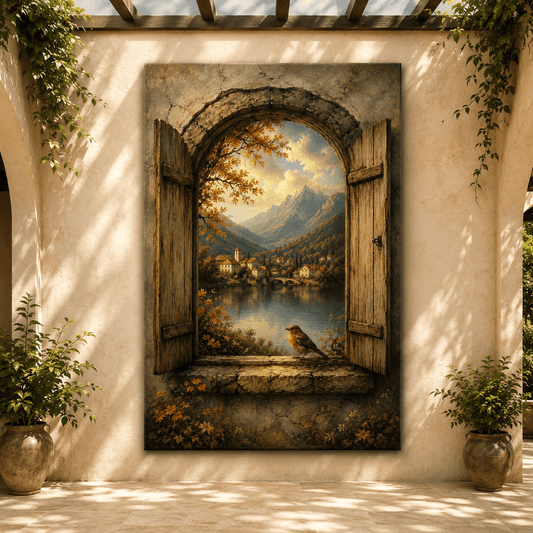 The Open Door – Robin and Mountain Lake Village Canvas Wall Art - ART OF ROYALS