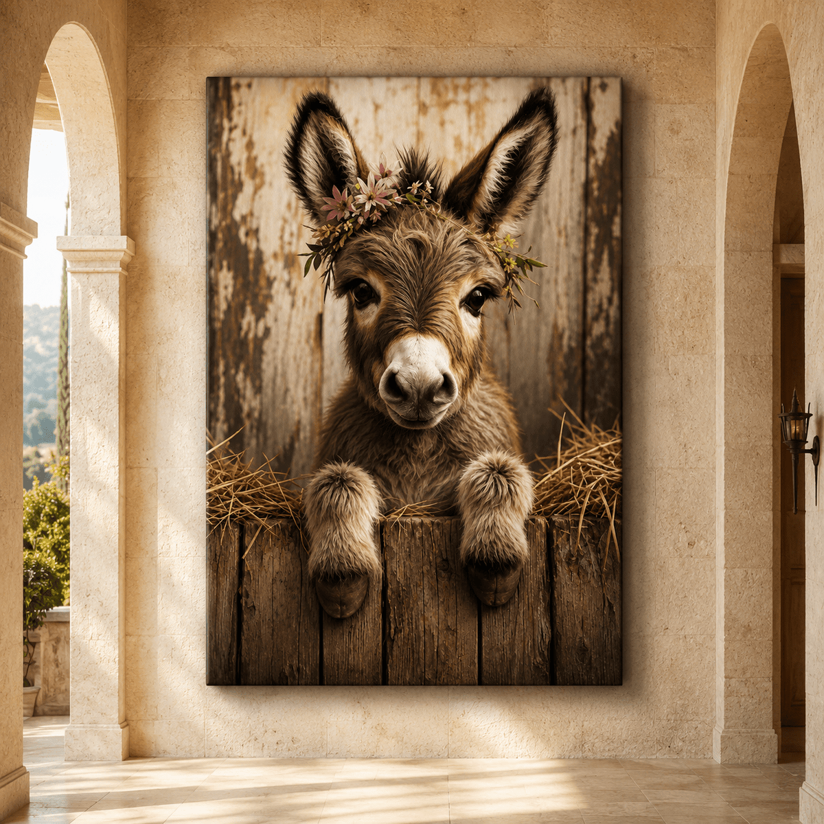 Baby Donkey in Bloom – Flower Crown Foal Canvas Wall Art - ART OF ROYALS