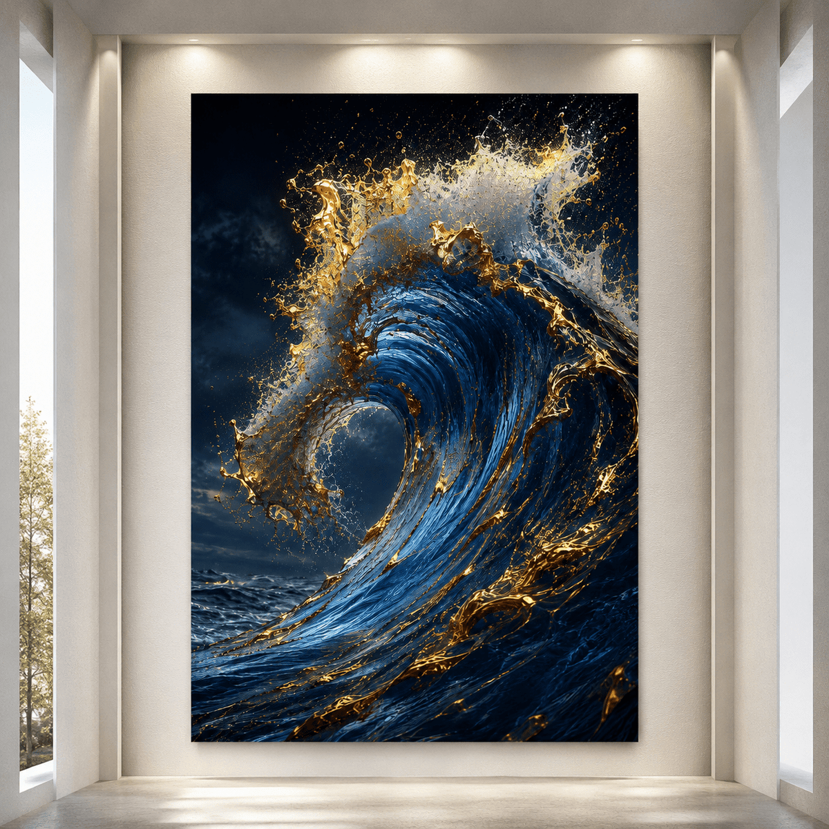 Golden Wave – Blue and Gold Ocean Canvas Wall Art - ART OF ROYALS