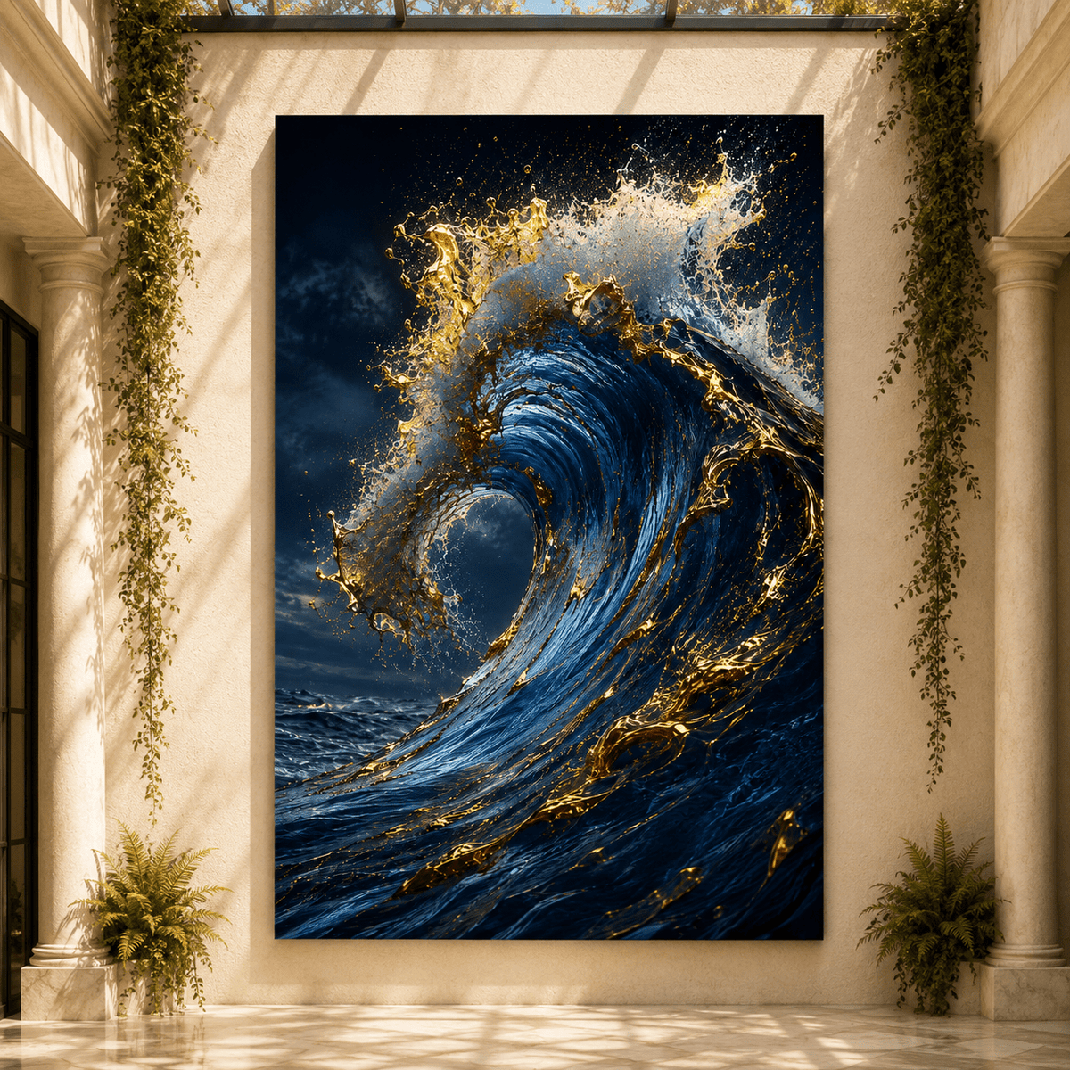 Golden Wave – Blue and Gold Ocean Canvas Wall Art - ART OF ROYALS