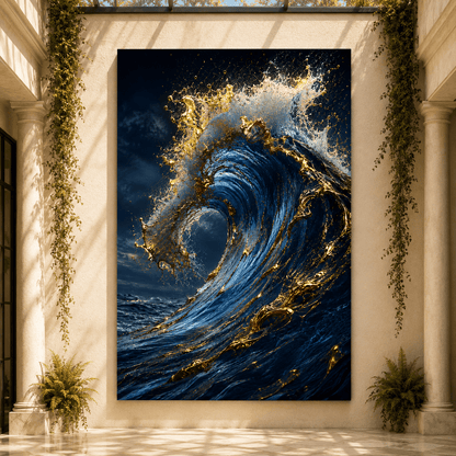 Golden Wave – Blue and Gold Ocean Canvas Wall Art - ART OF ROYALS
