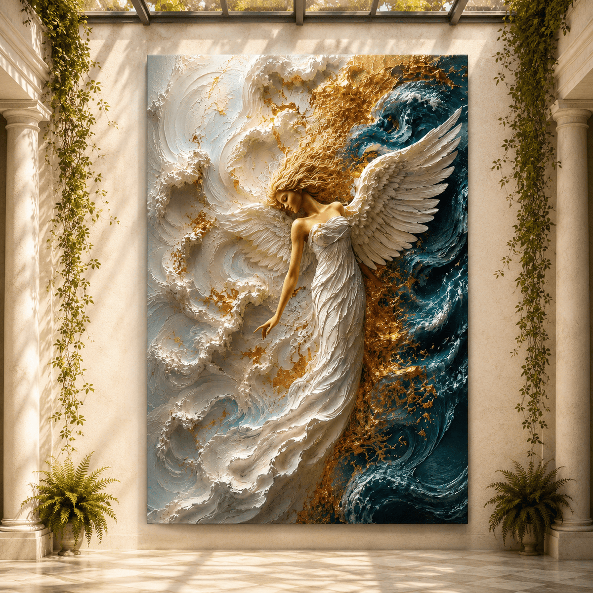 Angel of the Deep – White and Gold Angel Canvas Wall Art - ART OF ROYALS