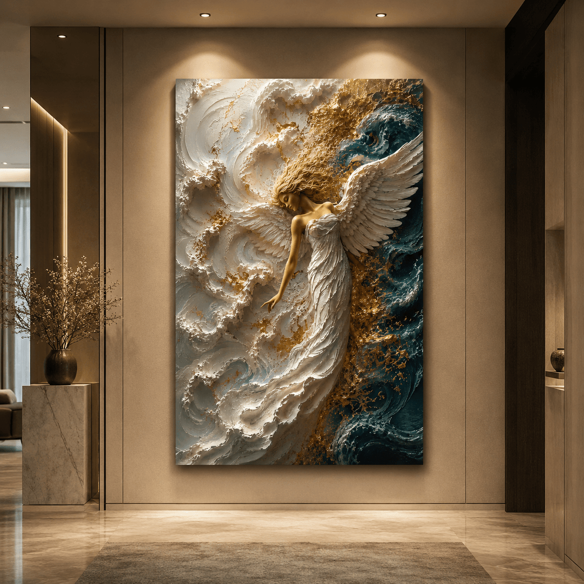 Angel of the Deep – White and Gold Angel Canvas Wall Art - ART OF ROYALS