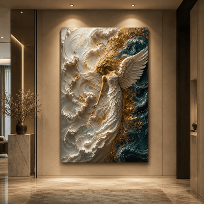 Angel of the Deep – White and Gold Angel Canvas Wall Art - ART OF ROYALS