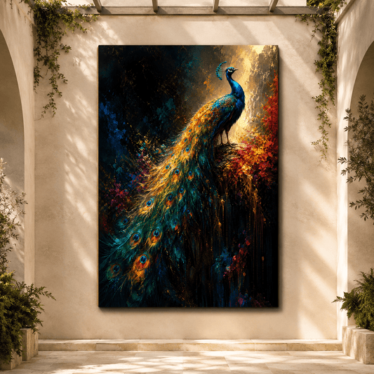 Peacock in Splendor – Dark Floral Fine Art Canvas Wall Art - ART OF ROYALS
