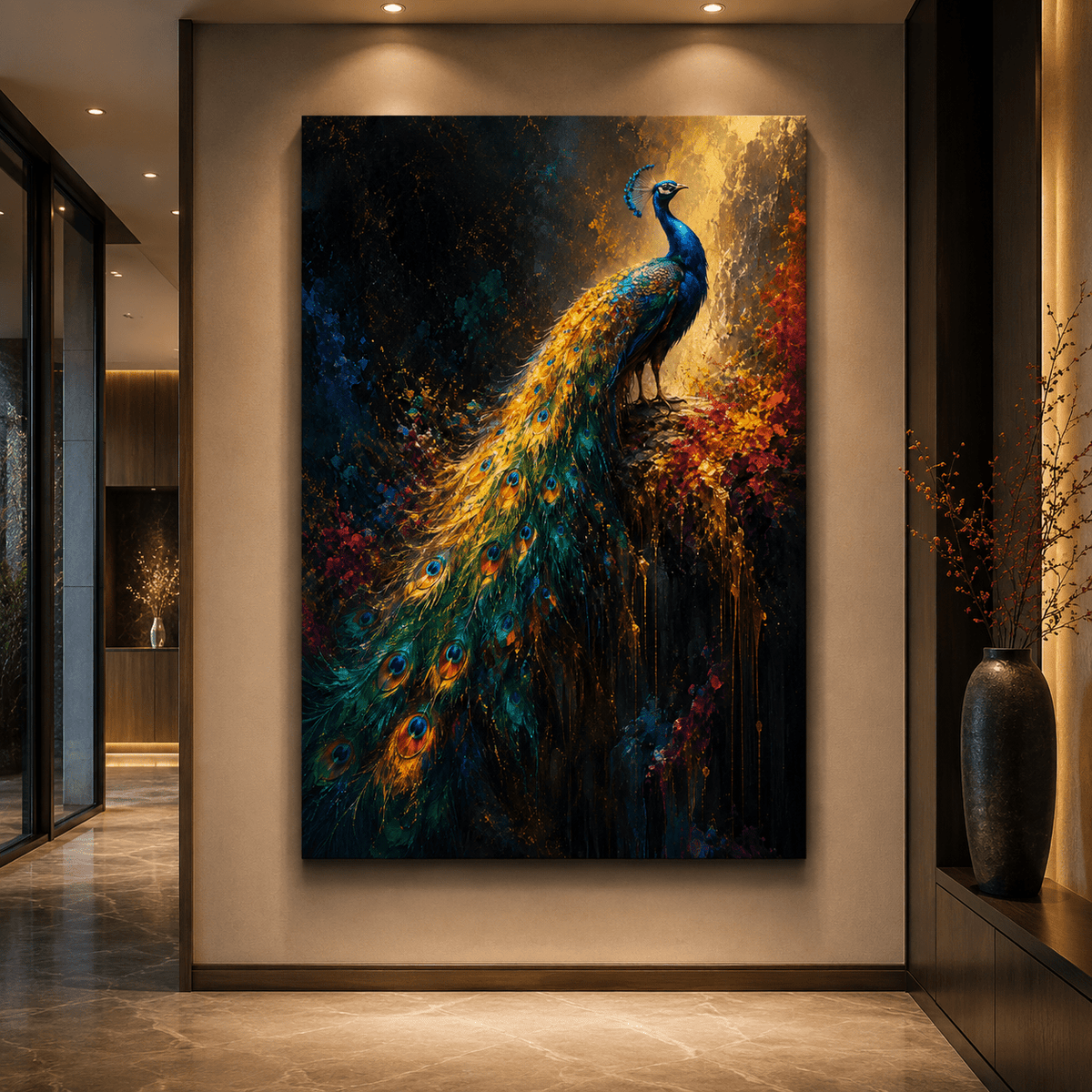 Peacock in Splendor – Dark Floral Fine Art Canvas Wall Art - ART OF ROYALS