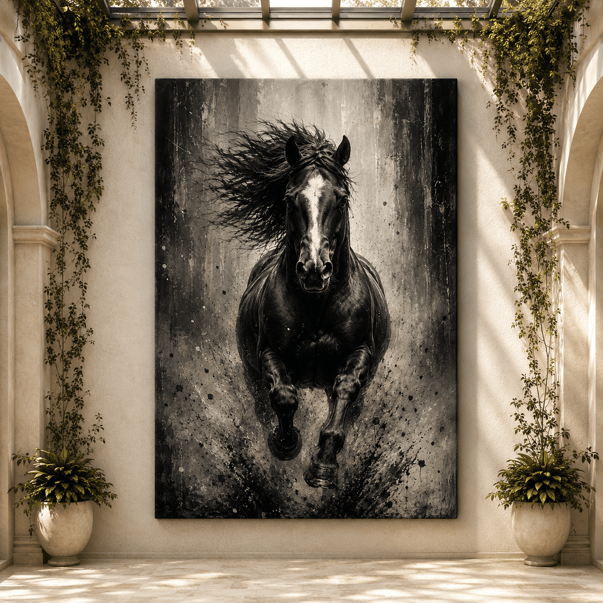 Black Thunder – Charging Horse Monochromatic Canvas Wall Art - ART OF ROYALS