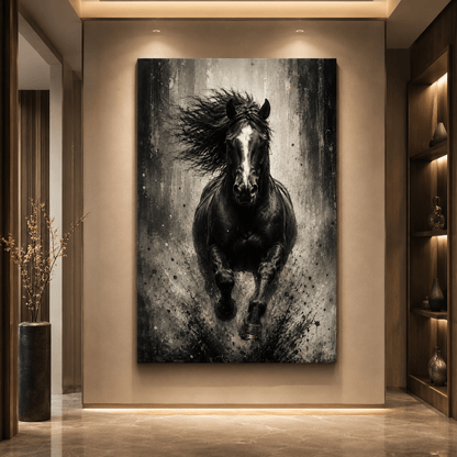 Black Thunder – Charging Horse Monochromatic Canvas Wall Art - ART OF ROYALS