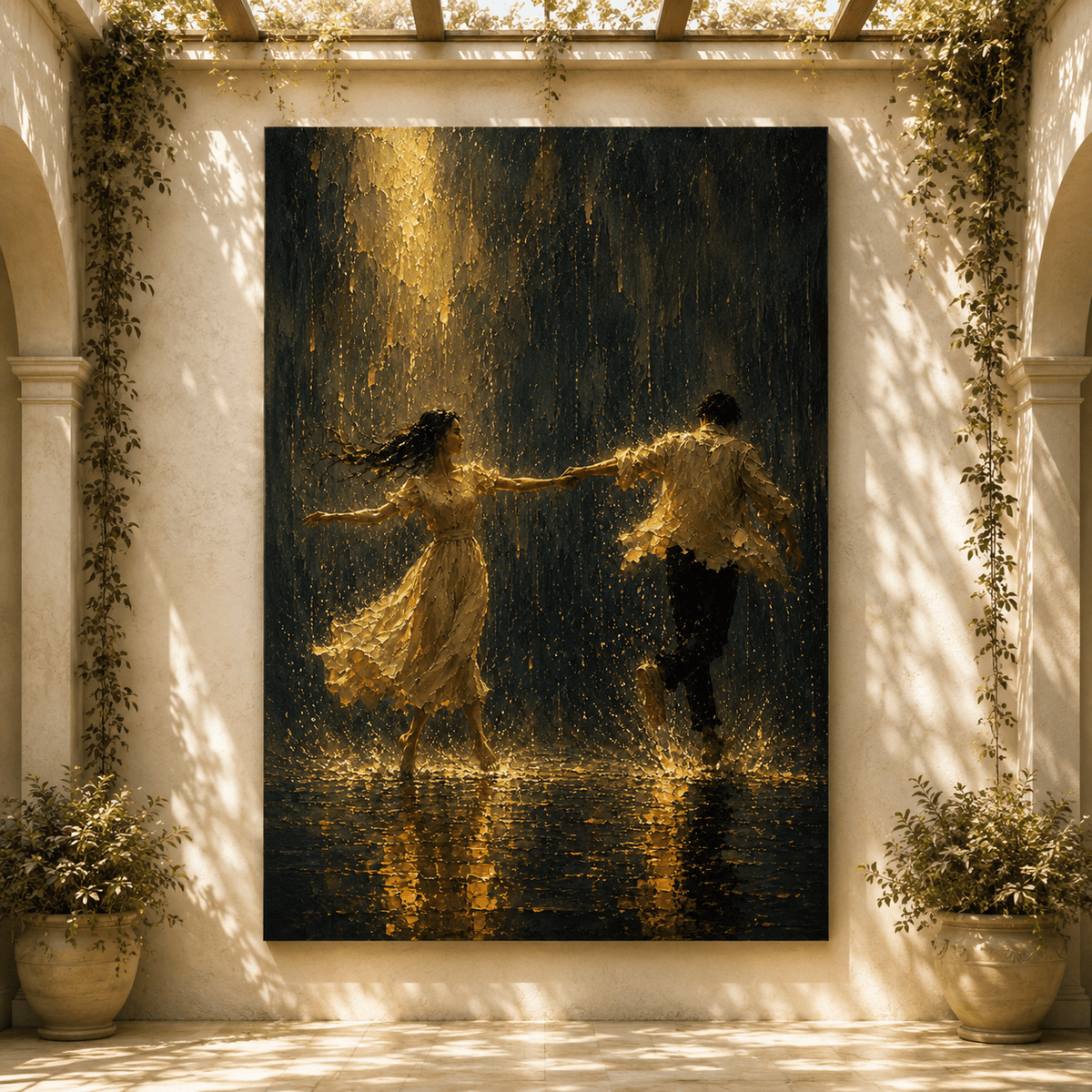 Dancing in the Rain Couple Wrapped Canvas Wall Art – Romantic Textured Oil Painting Print - ART OF ROYALS