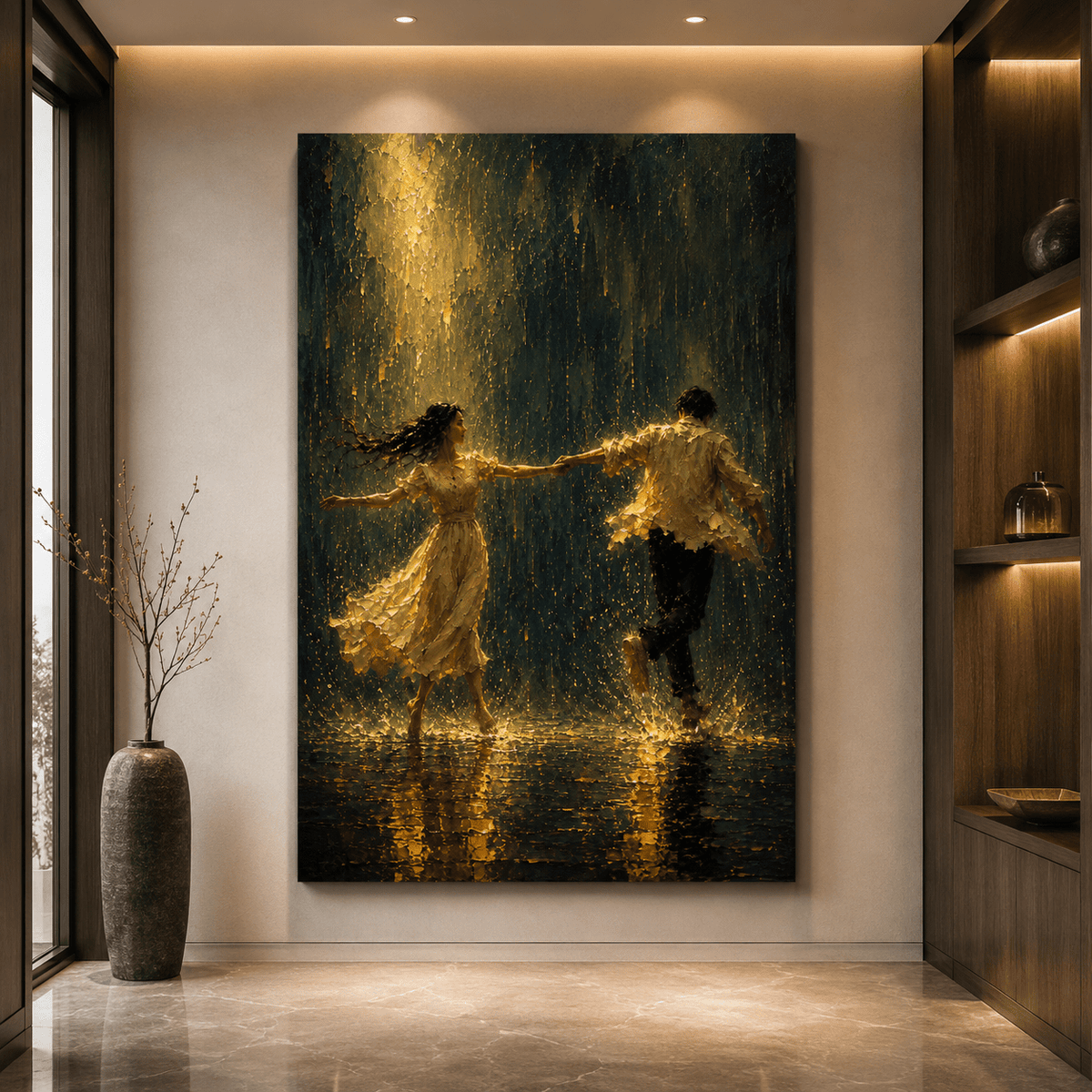 Dancing in the Rain Couple Wrapped Canvas Wall Art – Romantic Textured Oil Painting Print - ART OF ROYALS