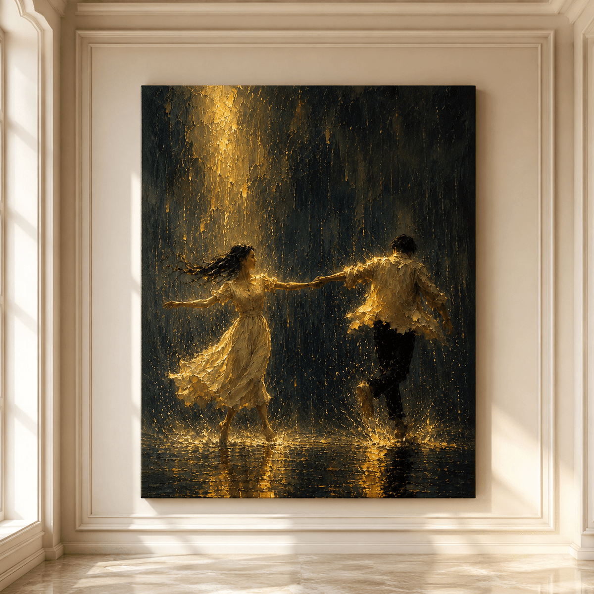 Dancing in the Rain Couple Wrapped Canvas Wall Art – Romantic Textured Oil Painting Print - ART OF ROYALS
