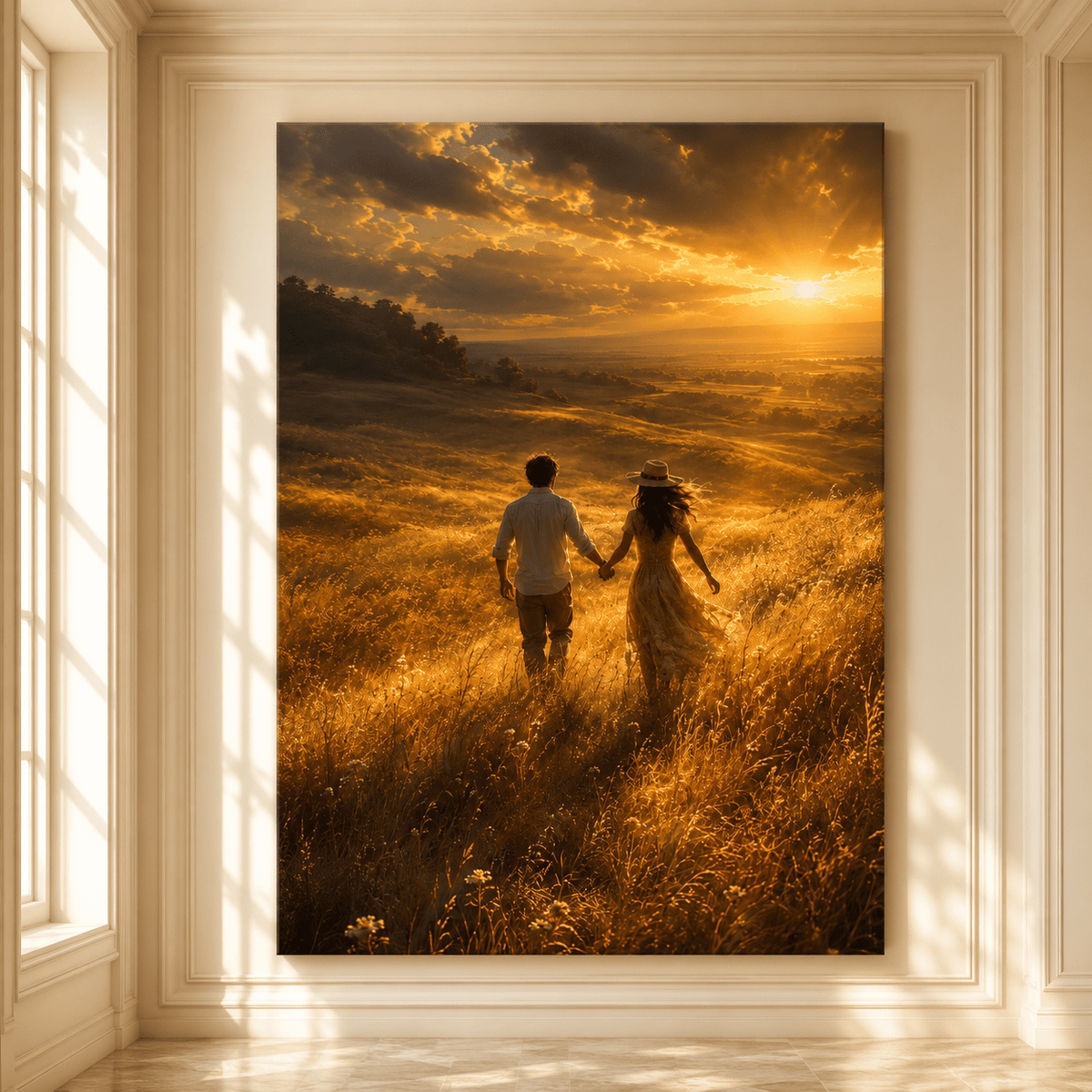 Golden Hour Meadow Walk Wrapped Canvas Wall Art – Romantic Sunset Couple Landscape Print - ART OF ROYALS