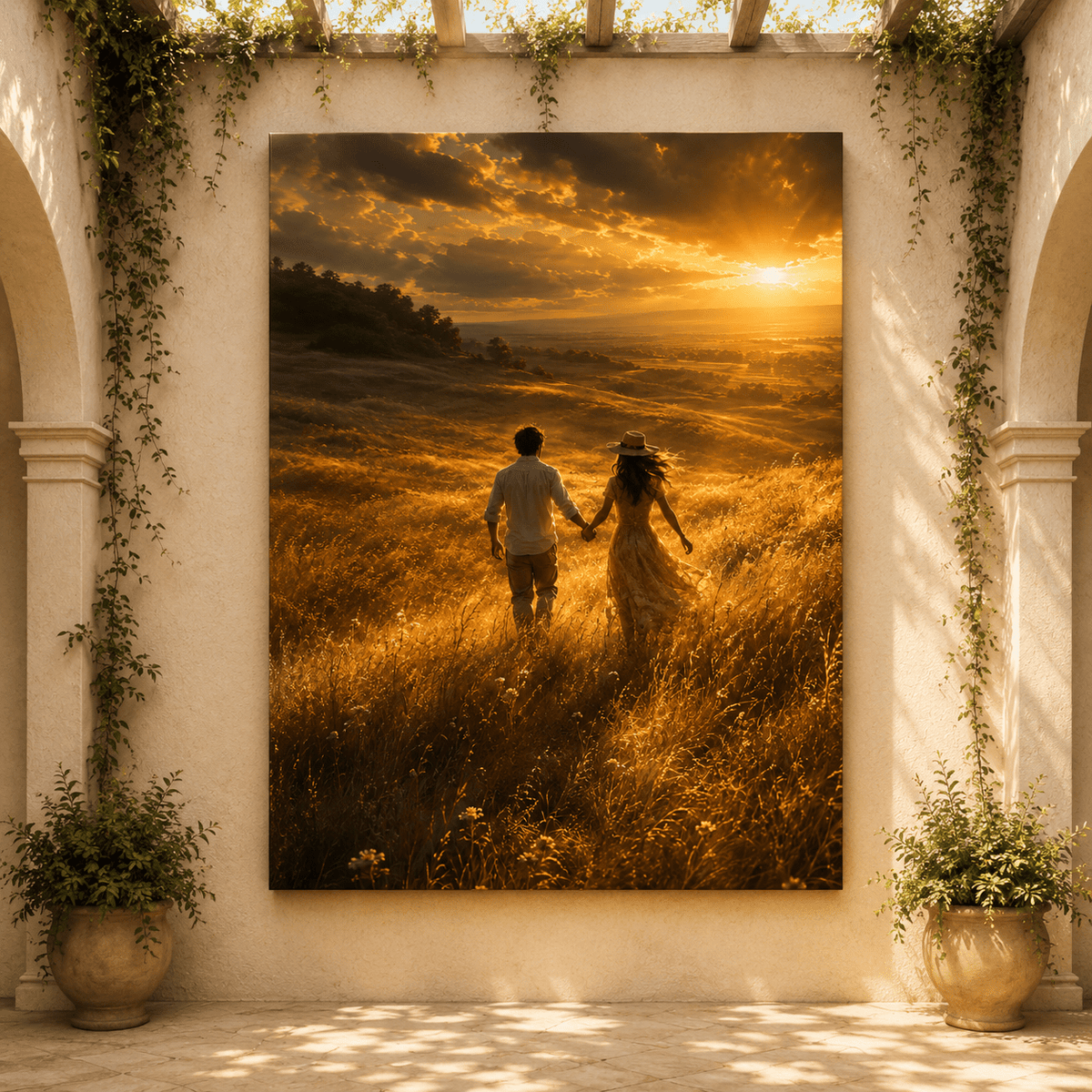 Golden Hour Meadow Walk Wrapped Canvas Wall Art – Romantic Sunset Couple Landscape Print - ART OF ROYALS