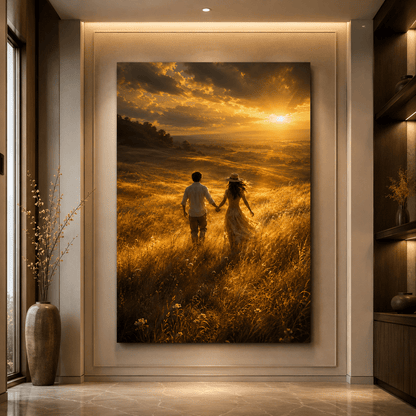 Golden Hour Meadow Walk Wrapped Canvas Wall Art – Romantic Sunset Couple Landscape Print - ART OF ROYALS