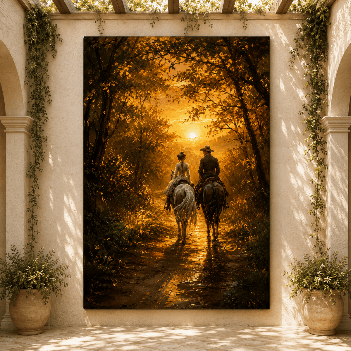 Golden Forest Horseback Ride Wrapped Canvas Wall Art – Romantic Sunset Couple Oil Painting Print - ART OF ROYALS