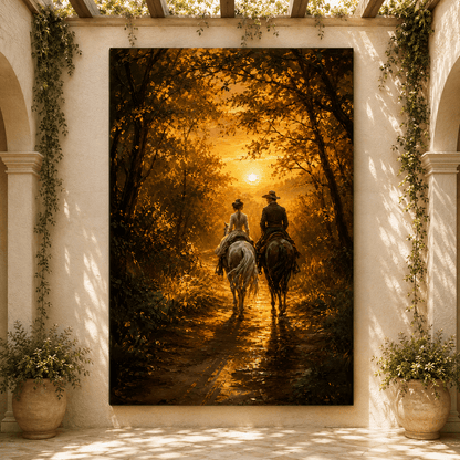 Golden Forest Horseback Ride Wrapped Canvas Wall Art – Romantic Sunset Couple Oil Painting Print - ART OF ROYALS