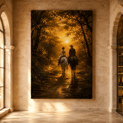 Golden Forest Horseback Ride Wrapped Canvas Wall Art – Romantic Sunset Couple Oil Painting Print - ART OF ROYALS
