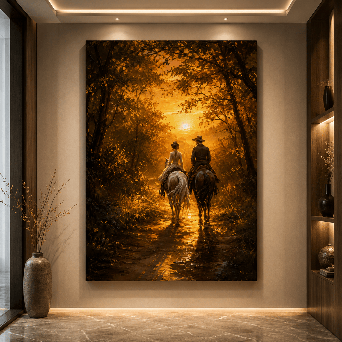 Golden Forest Horseback Ride Wrapped Canvas Wall Art – Romantic Sunset Couple Oil Painting Print - ART OF ROYALS