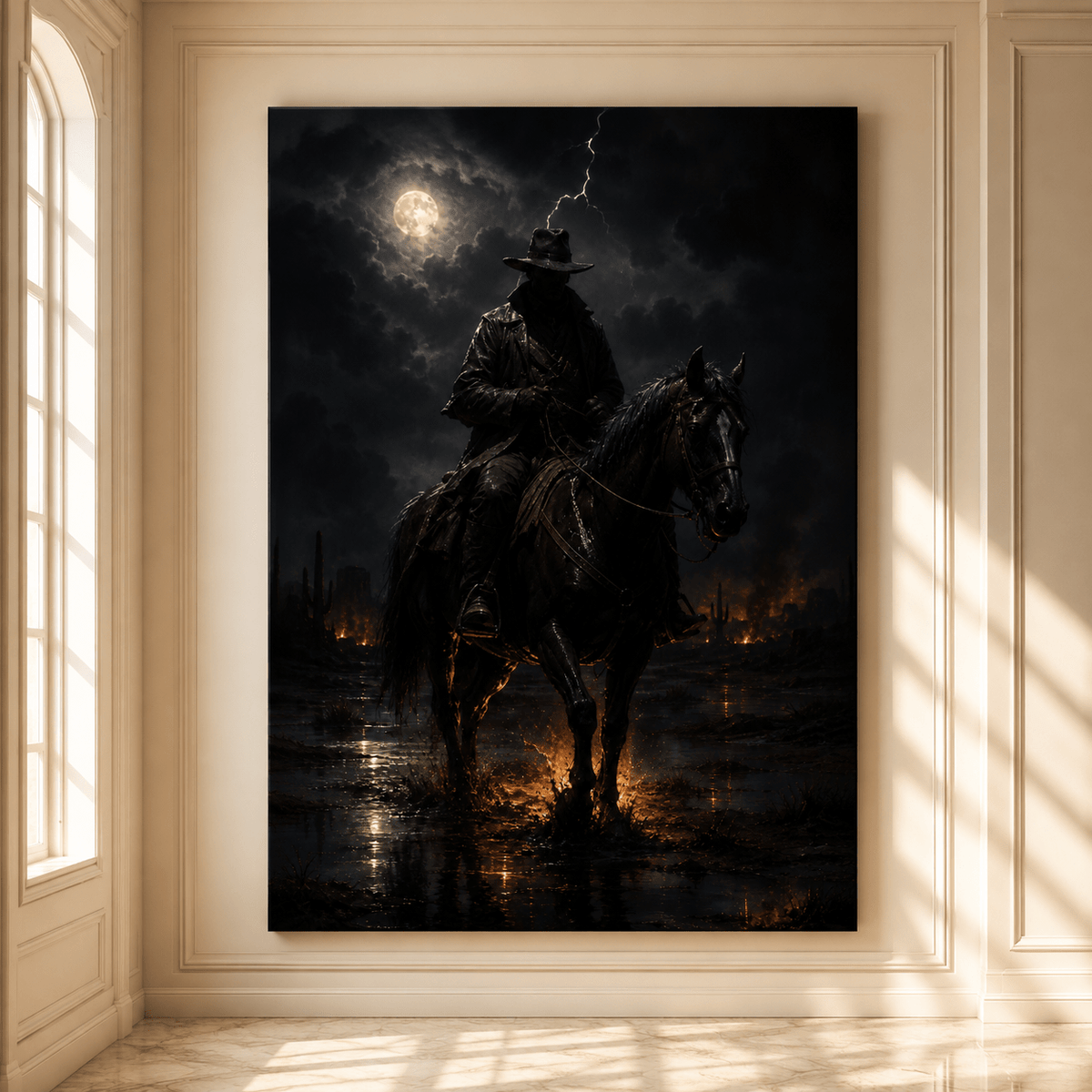 Stormy Night Lone Rider Wrapped Canvas Wall Art – Moody Western Cowboy Horseback Print - ART OF ROYALS