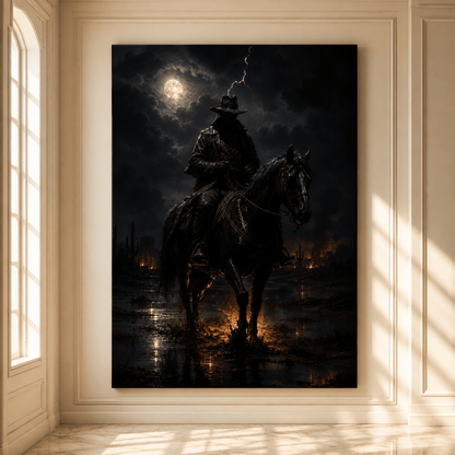 Stormy Night Lone Rider Wrapped Canvas Wall Art – Moody Western Cowboy Horseback Print - ART OF ROYALS