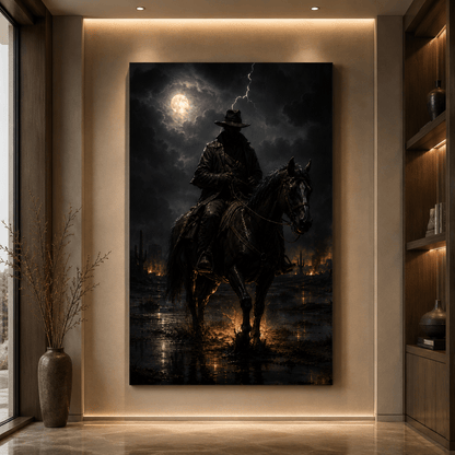 Stormy Night Lone Rider Wrapped Canvas Wall Art – Moody Western Cowboy Horseback Print - ART OF ROYALS