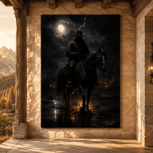 Stormy Night Lone Rider Wrapped Canvas Wall Art – Moody Western Cowboy Horseback Print - ART OF ROYALS