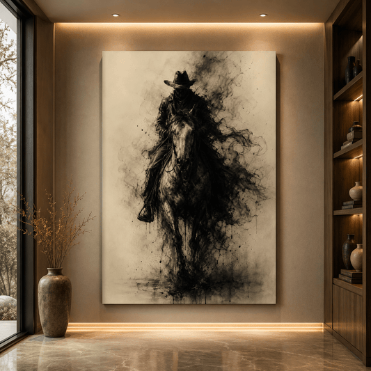 Smoke-Wreathed Cowboy Rider Wrapped Canvas Wall Art – Sepia Ink Western Silhouette Print - ART OF ROYALS