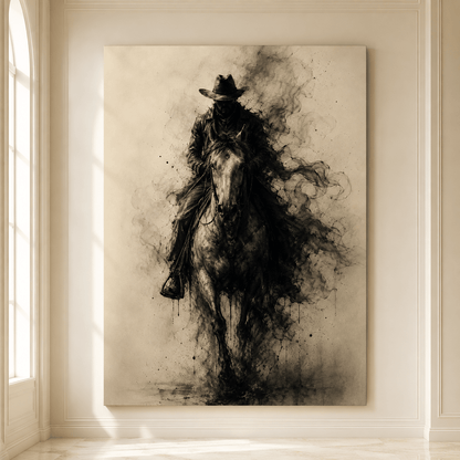 Smoke-Wreathed Cowboy Rider Wrapped Canvas Wall Art – Sepia Ink Western Silhouette Print - ART OF ROYALS