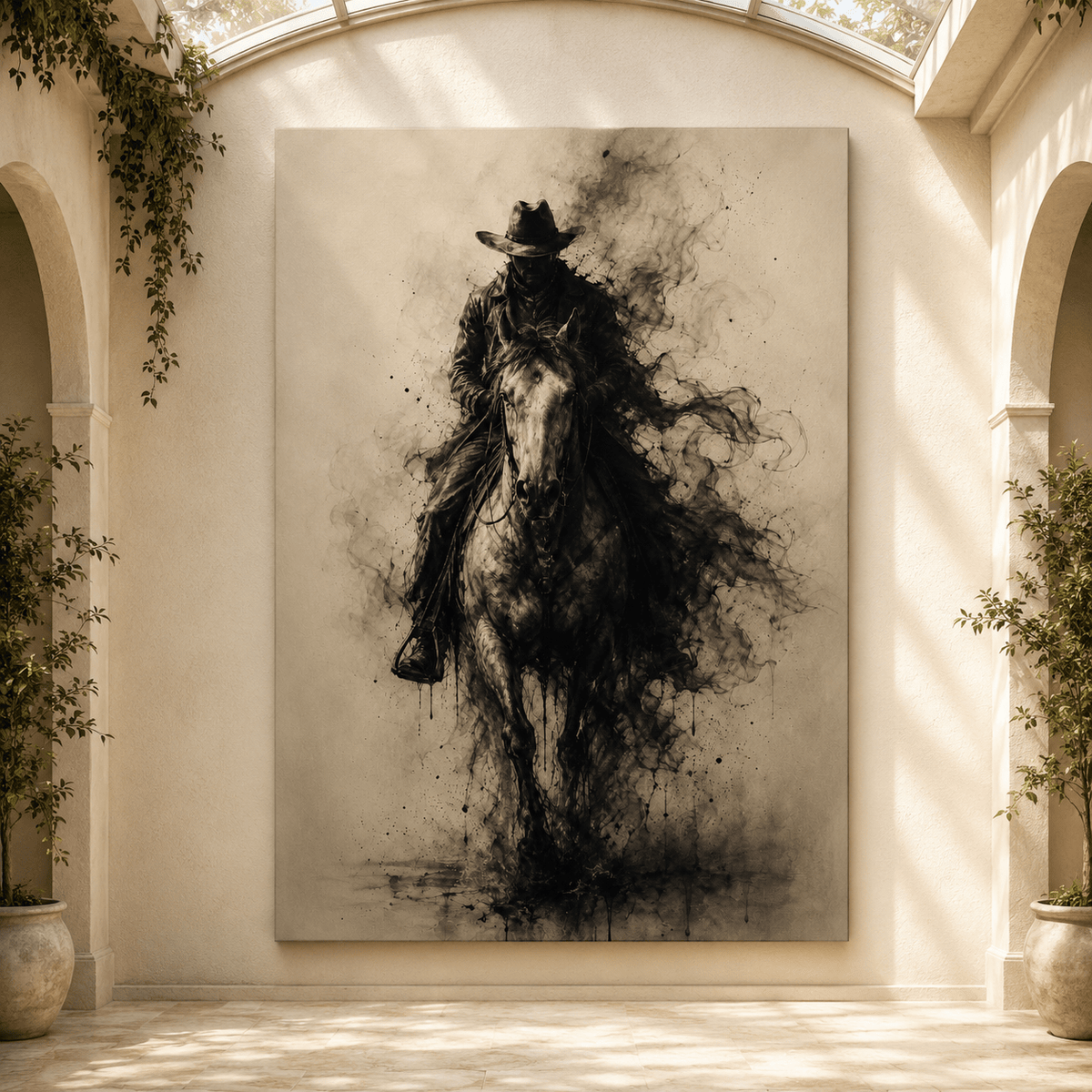 Smoke-Wreathed Cowboy Rider Wrapped Canvas Wall Art – Sepia Ink Western Silhouette Print - ART OF ROYALS