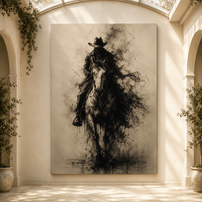 Smoke-Wreathed Cowboy Rider Wrapped Canvas Wall Art – Sepia Ink Western Silhouette Print - ART OF ROYALS