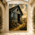 Rustic Blue Barn and Sunflower Field Wrapped Canvas Wall Art – Farmhouse Country Landscape Print