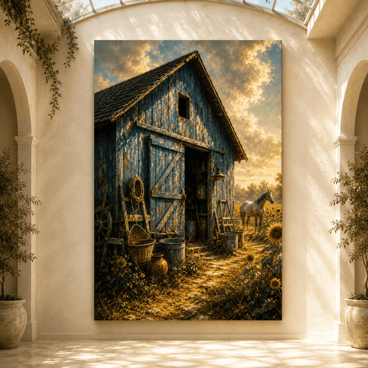 Rustic Blue Barn and Sunflower Field Wrapped Canvas Wall Art – Farmhouse Country Landscape Print - ART OF ROYALS
