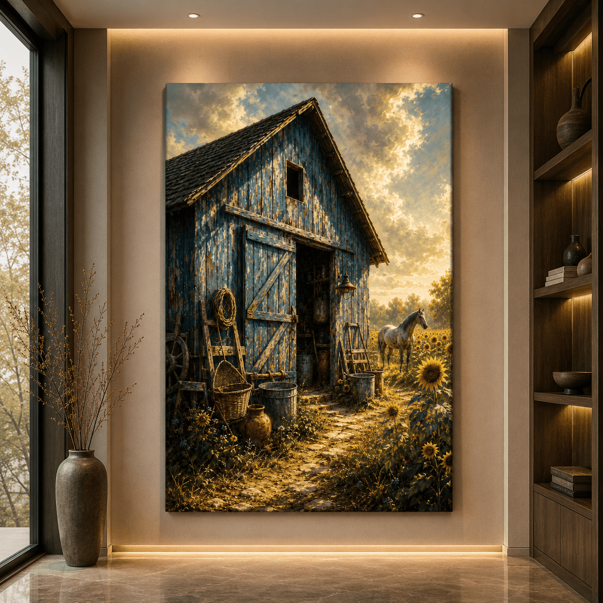 Rustic Blue Barn and Sunflower Field Wrapped Canvas Wall Art – Farmhouse Country Landscape Print - ART OF ROYALS