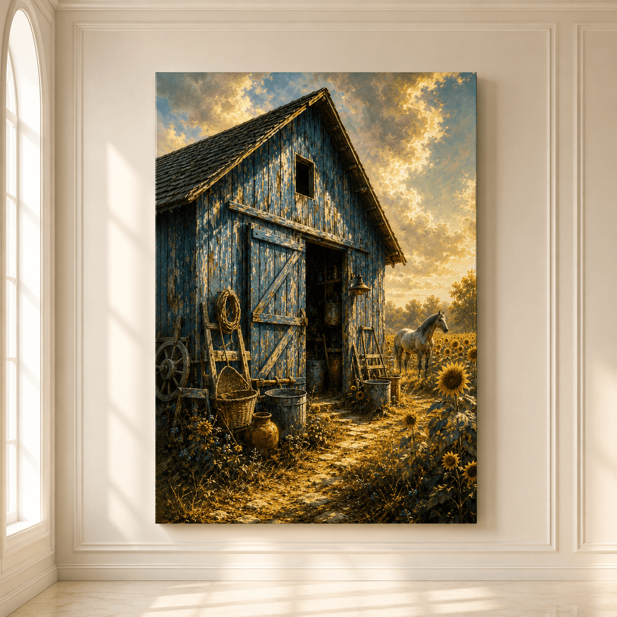Rustic Blue Barn and Sunflower Field Wrapped Canvas Wall Art – Farmhouse Country Landscape Print - ART OF ROYALS
