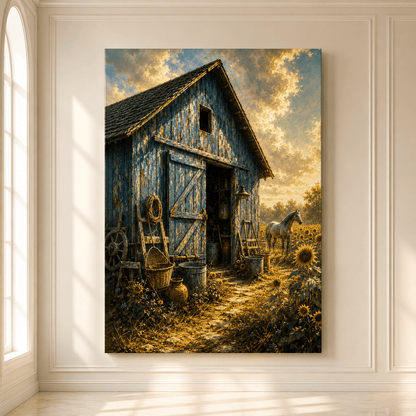 Rustic Blue Barn and Sunflower Field Wrapped Canvas Wall Art – Farmhouse Country Landscape Print - ART OF ROYALS