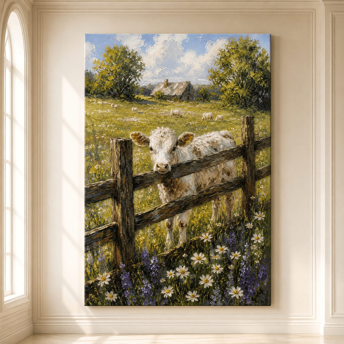 Curious Calf in Wildflower Meadow Wrapped Canvas Wall Art – Farmhouse Pastoral Oil Painting Print - ART OF ROYALS