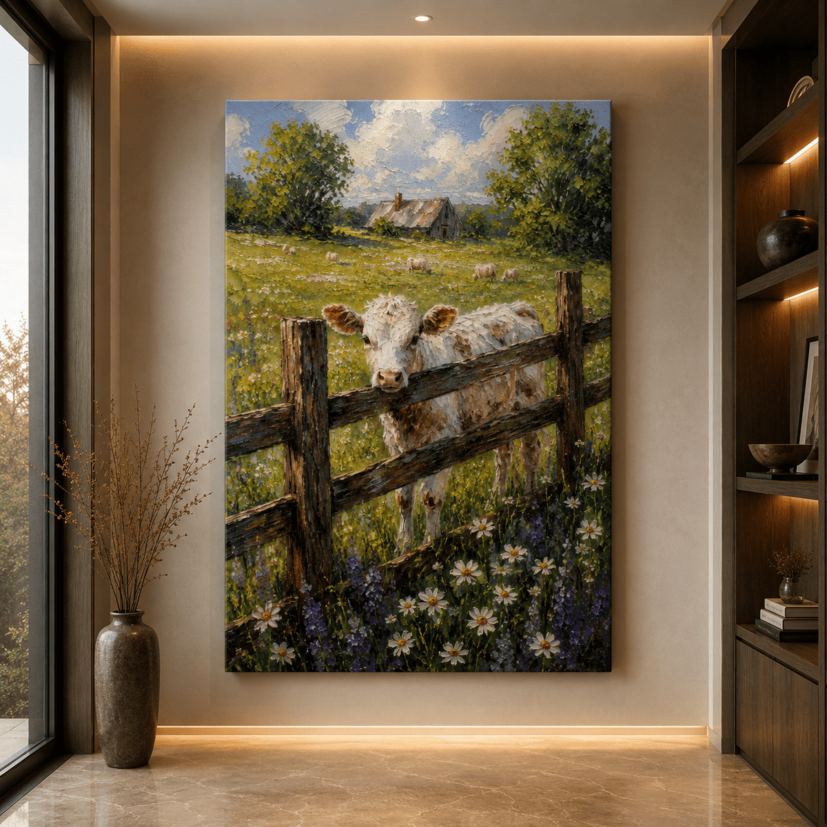 Curious Calf in Wildflower Meadow Wrapped Canvas Wall Art – Farmhouse Pastoral Oil Painting Print - ART OF ROYALS