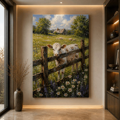 Curious Calf in Wildflower Meadow Wrapped Canvas Wall Art – Farmhouse Pastoral Oil Painting Print - ART OF ROYALS