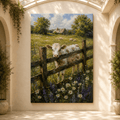 Curious Calf in Wildflower Meadow Wrapped Canvas Wall Art – Farmhouse Pastoral Oil Painting Print