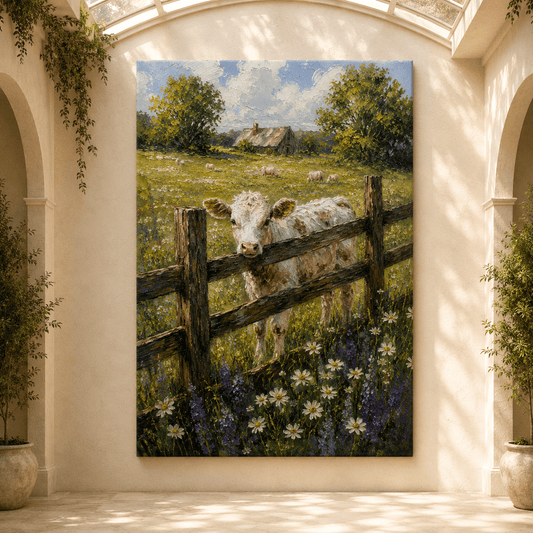 Curious Calf in Wildflower Meadow Wrapped Canvas Wall Art – Farmhouse Pastoral Oil Painting Print - ART OF ROYALS