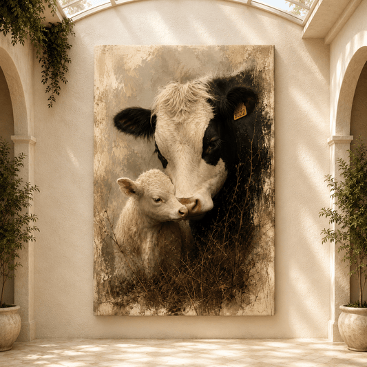 Mother Cow and Calf Wrapped Canvas Wall Art – Rustic Farmhouse Portrait Painting Print - ART OF ROYALS