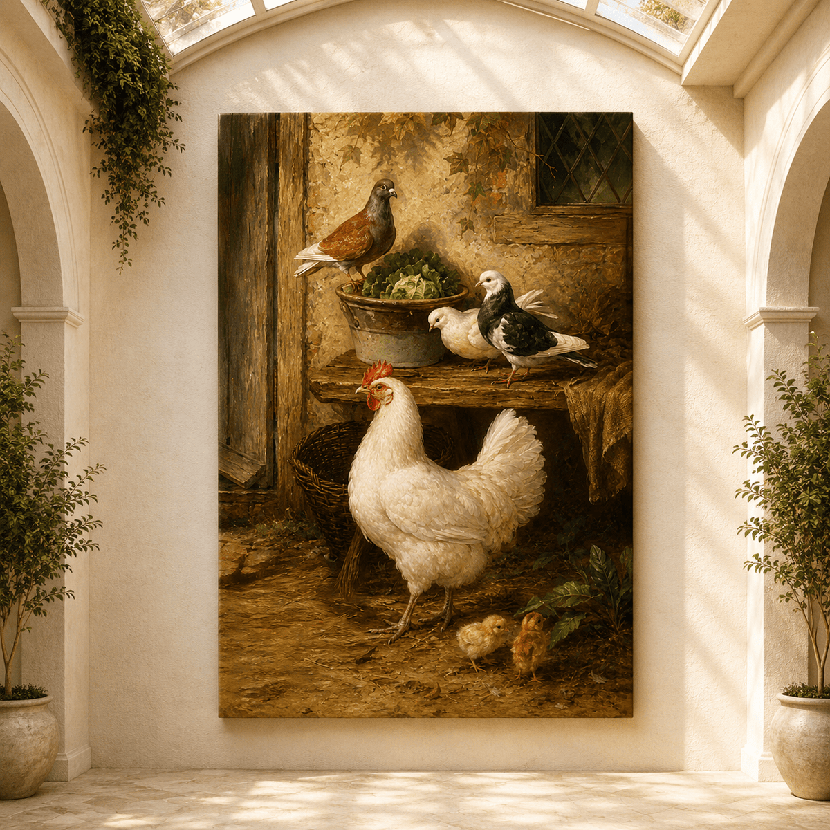 Farmyard Hen with Chicks and Pigeons Wrapped Canvas Wall Art – Classical Country Oil Painting Print - ART OF ROYALS