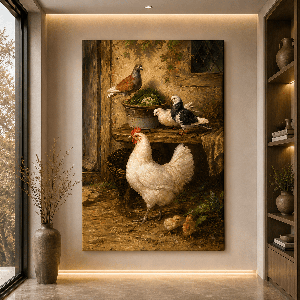 Farmyard Hen with Chicks and Pigeons Wrapped Canvas Wall Art – Classical Country Oil Painting Print - ART OF ROYALS
