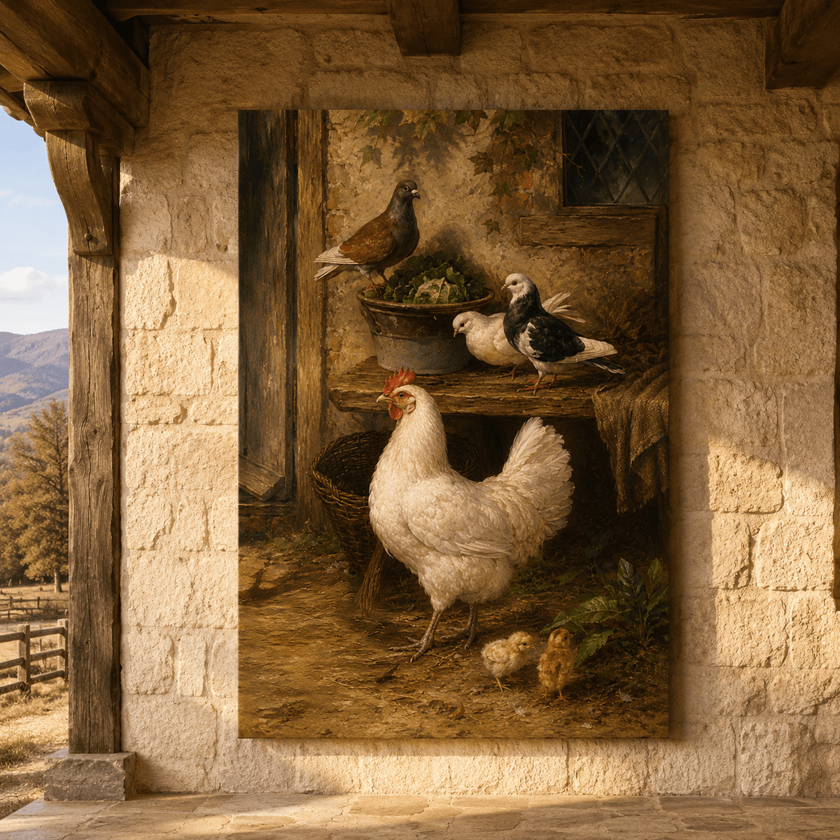 Farmyard Hen with Chicks and Pigeons Wrapped Canvas Wall Art – Classical Country Oil Painting Print - ART OF ROYALS