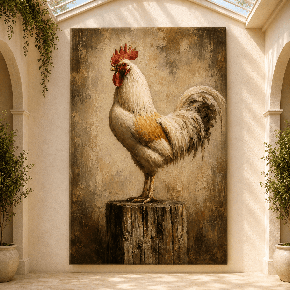 Rustic Rooster Portrait Wrapped Canvas Wall Art – Farmhouse Textured Oil Painting Print - ART OF ROYALS