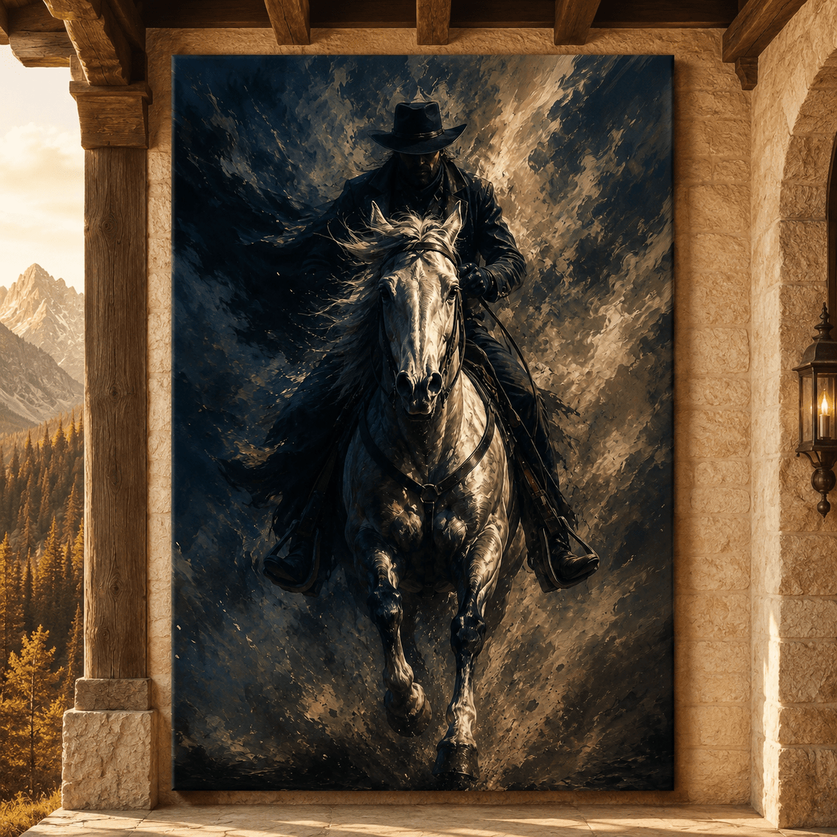 Galloping Cowboy on White Horse Wrapped Canvas Wall Art – Bold Abstract Western Action Print - ART OF ROYALS
